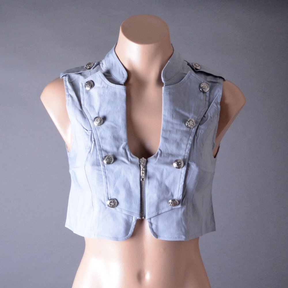 Gray Military Steampunk Goth Punk Sexy Sleeveless Zip Up Crop Top Vest S M L